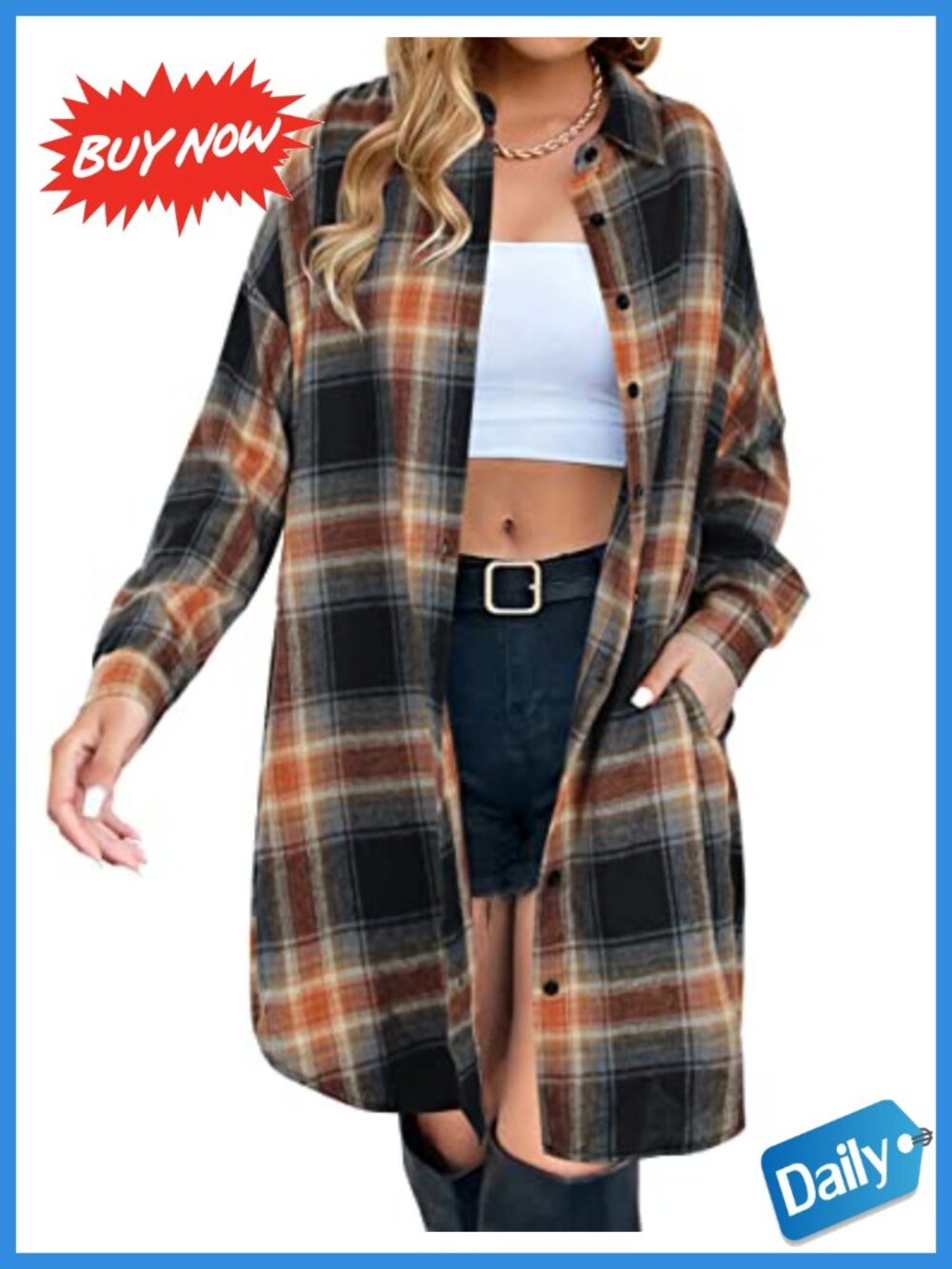 Women's Plaid Flannel Shirt Long Sleeve Button Down Midi Tunic Top